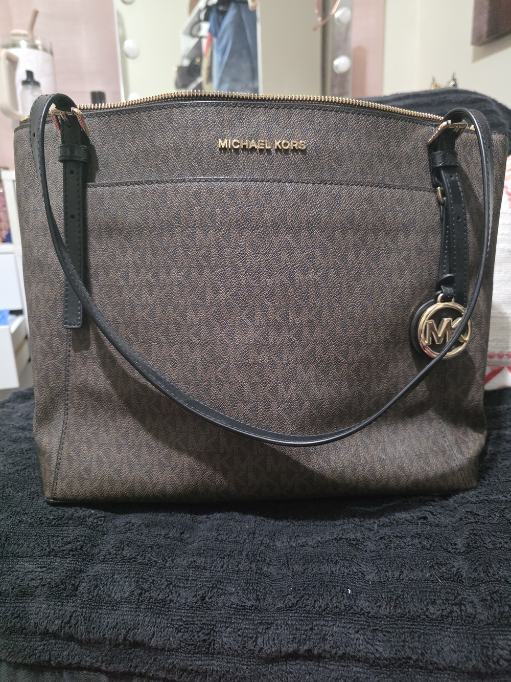 Michael Kors Brown Signature Crossbody with Black Strap and Gold Hardware